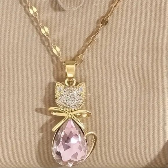 Anthropologie Jewelry - Gold Necklace with Pink Gemstone Cat Pendant. (Box not included)